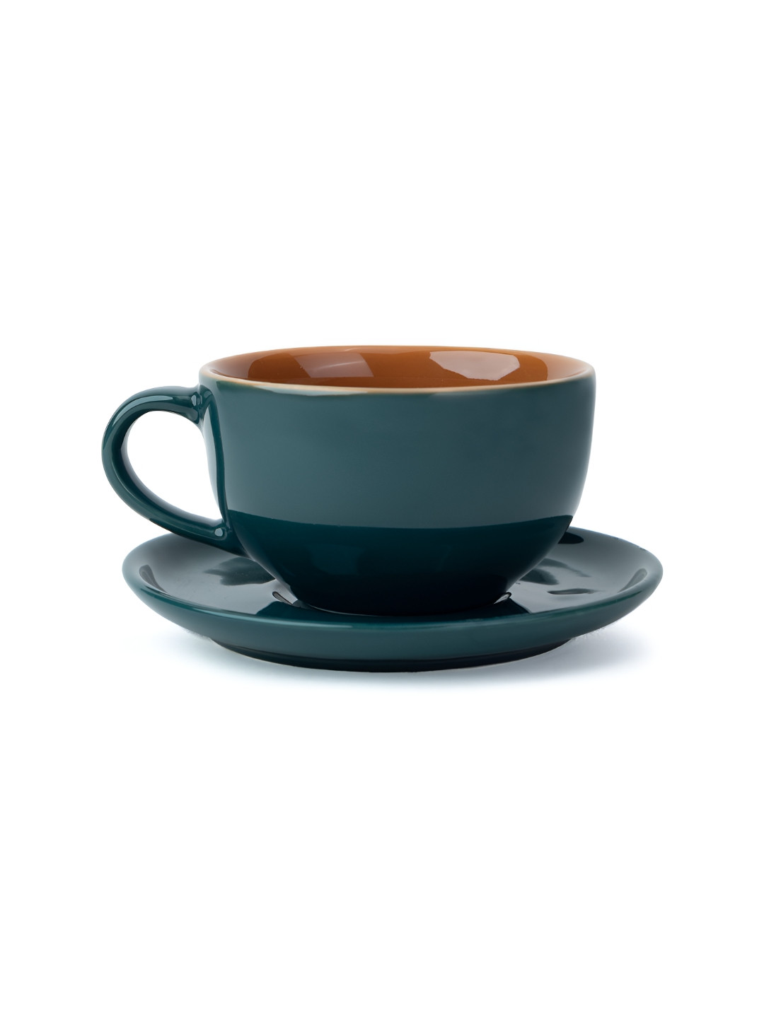 SHAY Teal-Green & Coffee Brown 2 Pieces Ceramic Glossy Cup And Saucer 320 ml