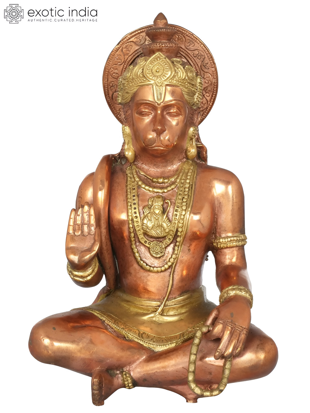Exotic India Blessing Hanuman Gold Copper Prayer Room Medium Showpiece - 11.2 Inches
