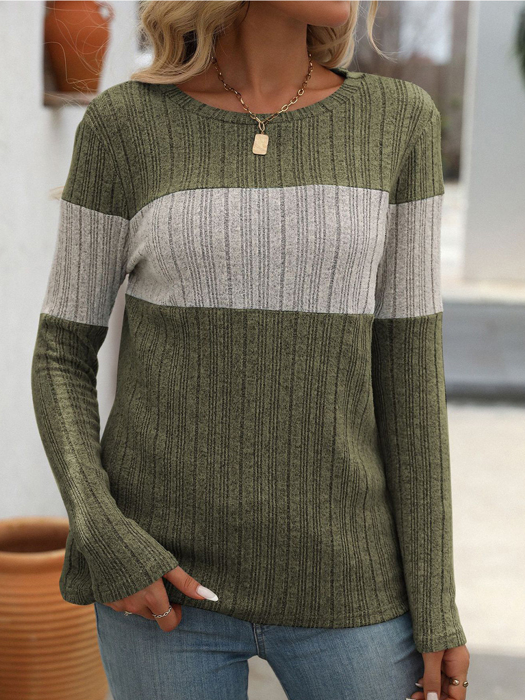 StyleCast x Revolte Women Olive & Grey Round Neck Top