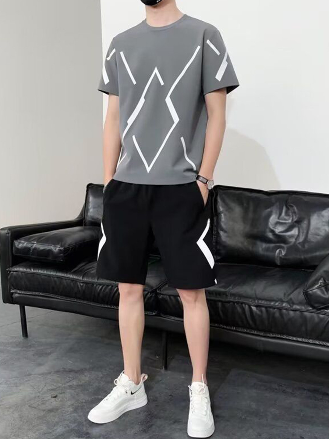 StyleCast Grey & Black Round Neck Short Sleeves T-Shirt With Shorts