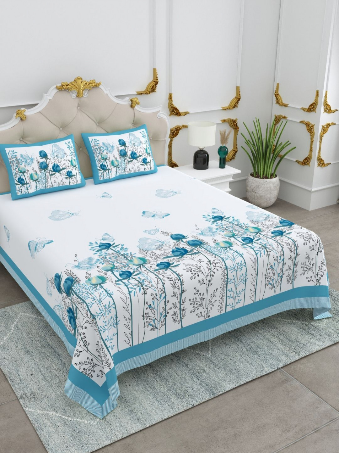 JAIPUR FABRIC Teal Floral Cotton 240 TC King Fine Bedsheet with 2 Pillow Covers-108 x 108 inches