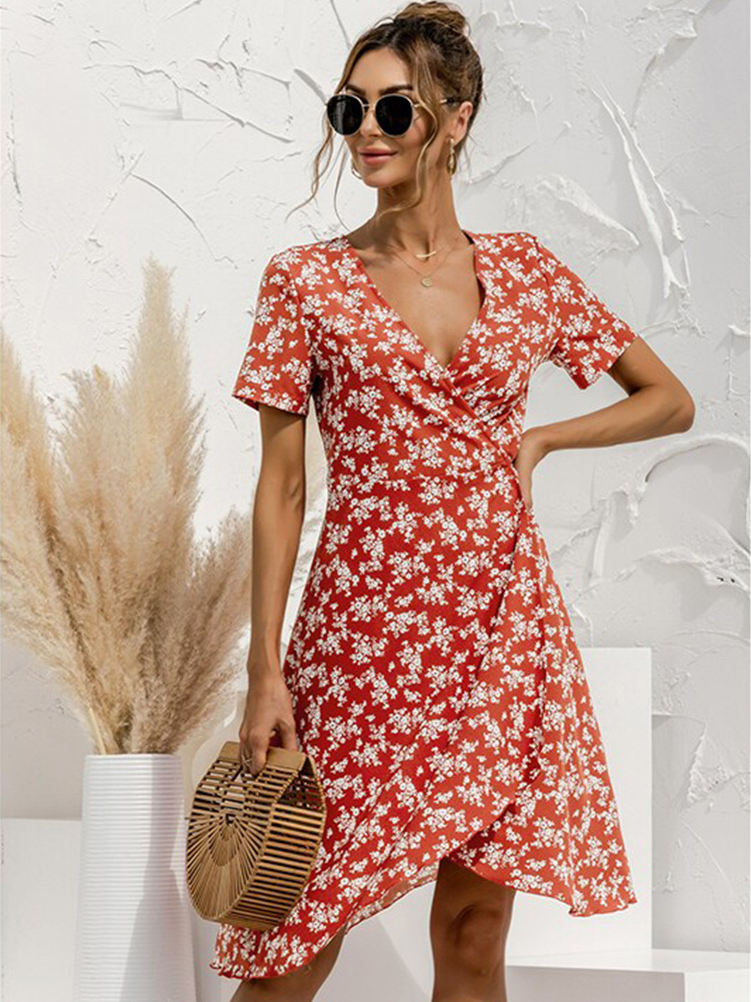 StyleCast x Revolte V Neck Short Sleeves Floral Printed Wrap Dress