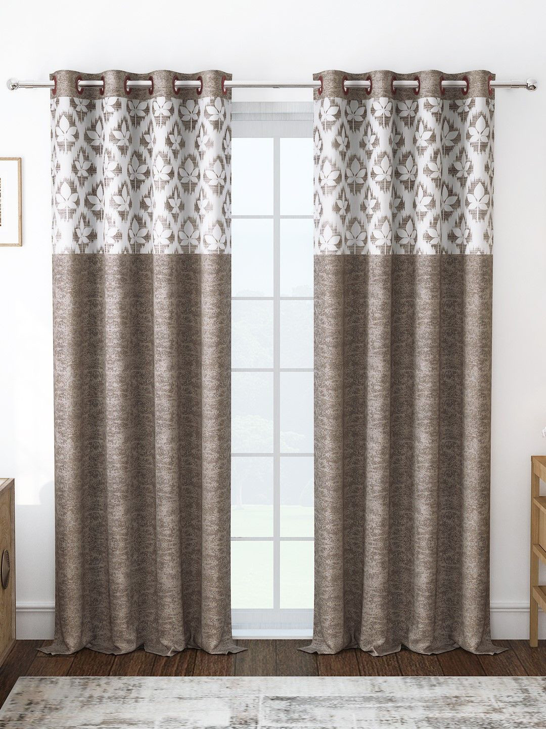 Story@home Coffee Brown & White 2 Pieces Floral Printed Room Darkening Long Door Curtain
