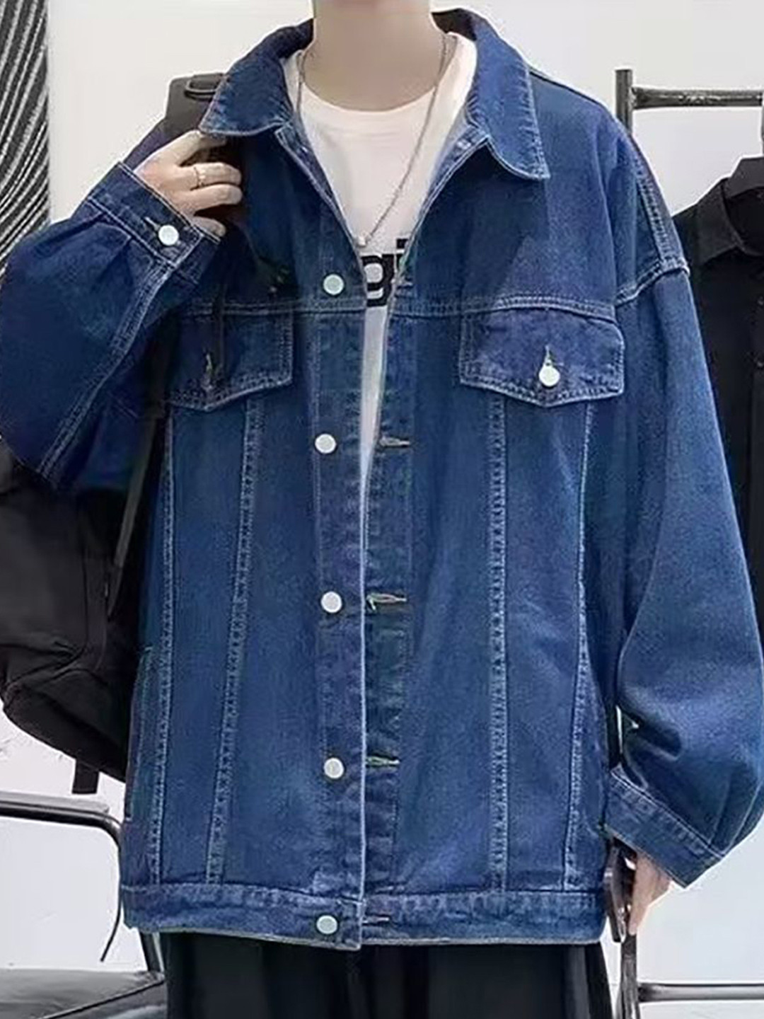 Men's Navy Blue Solid Denim Jacket with Spread Collar