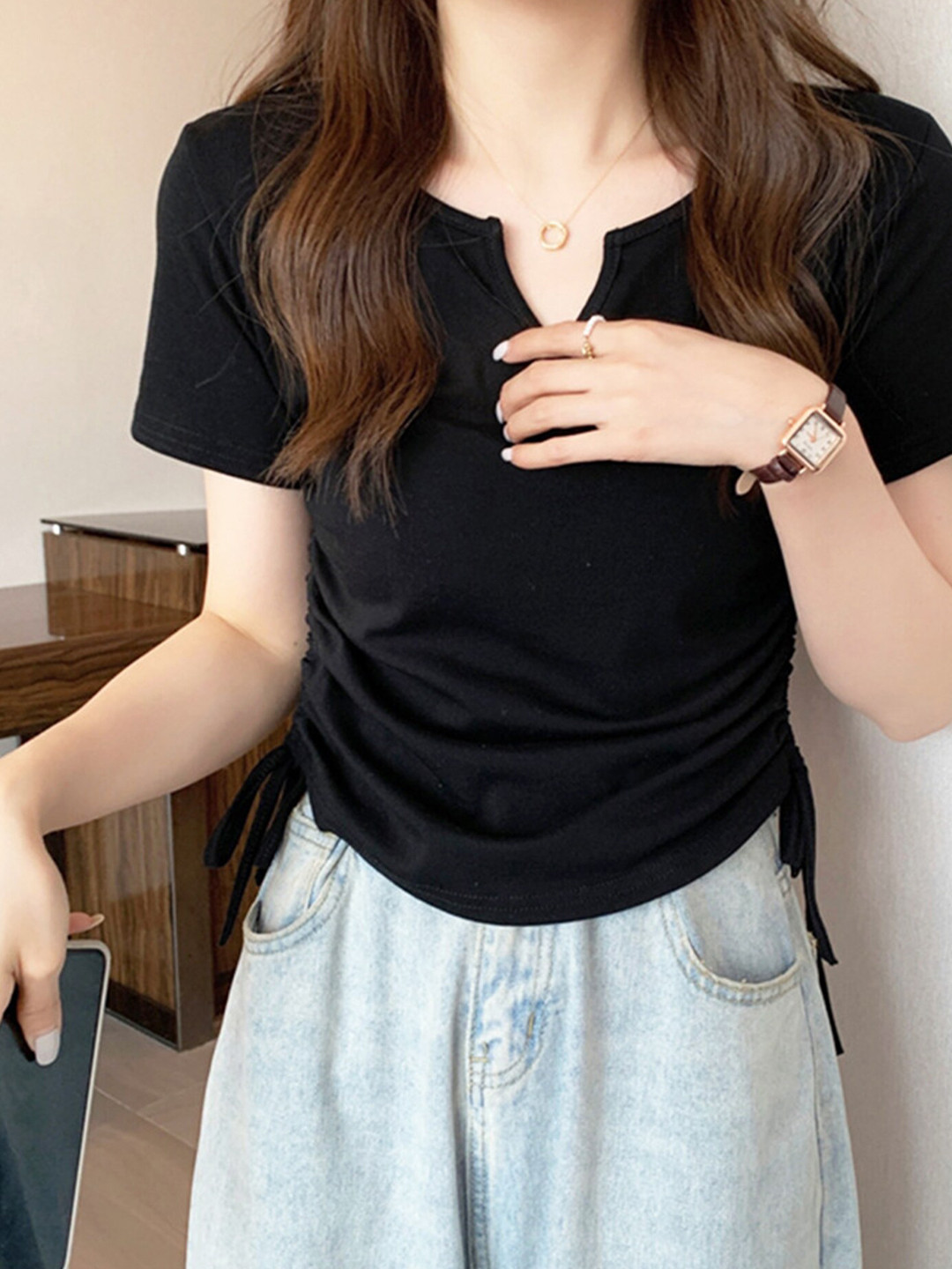 LULU & SKY V-Neck Casual Black Top