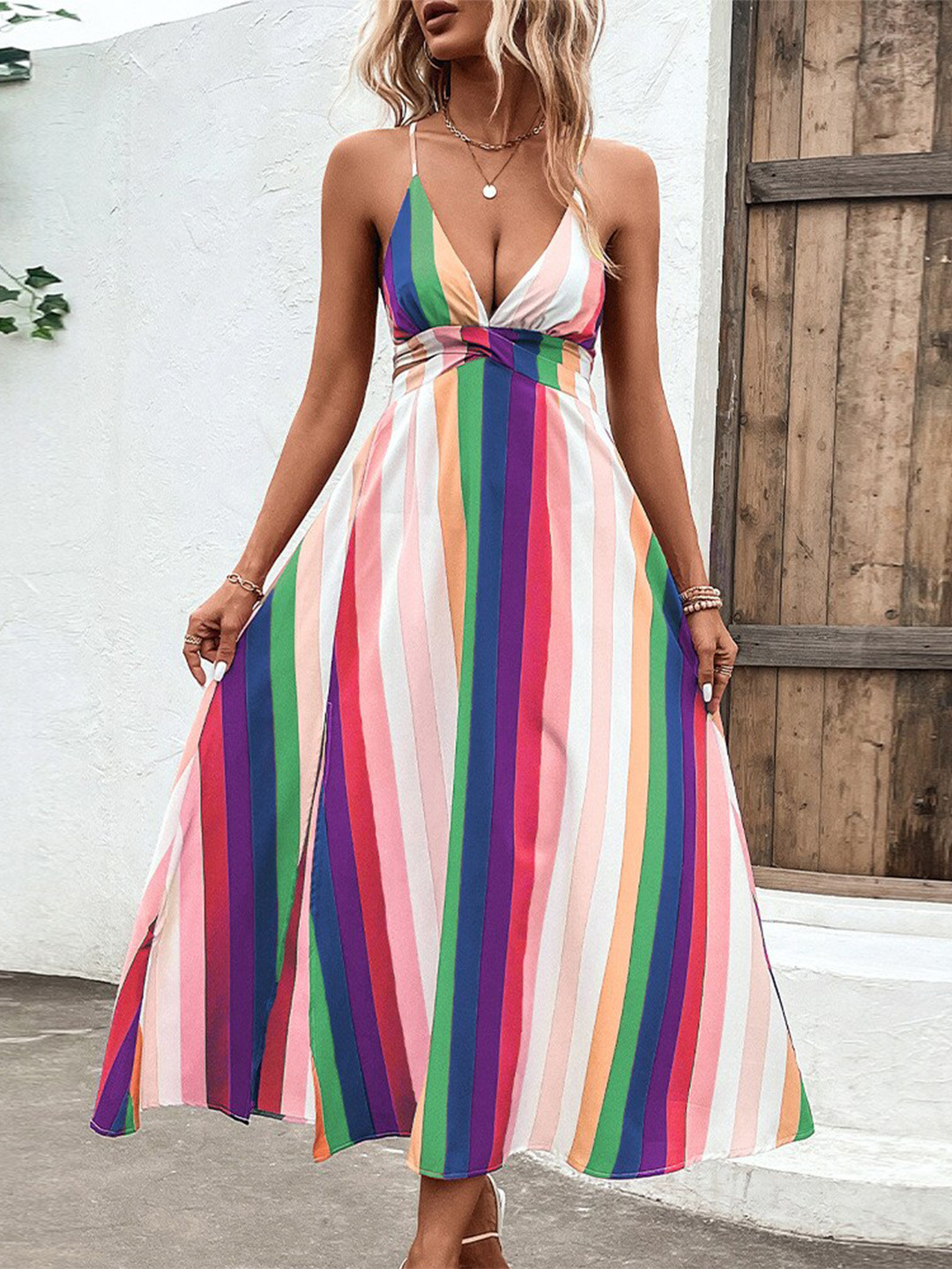 StyleCast Pink Striped shoulder Straps Maxi Dress