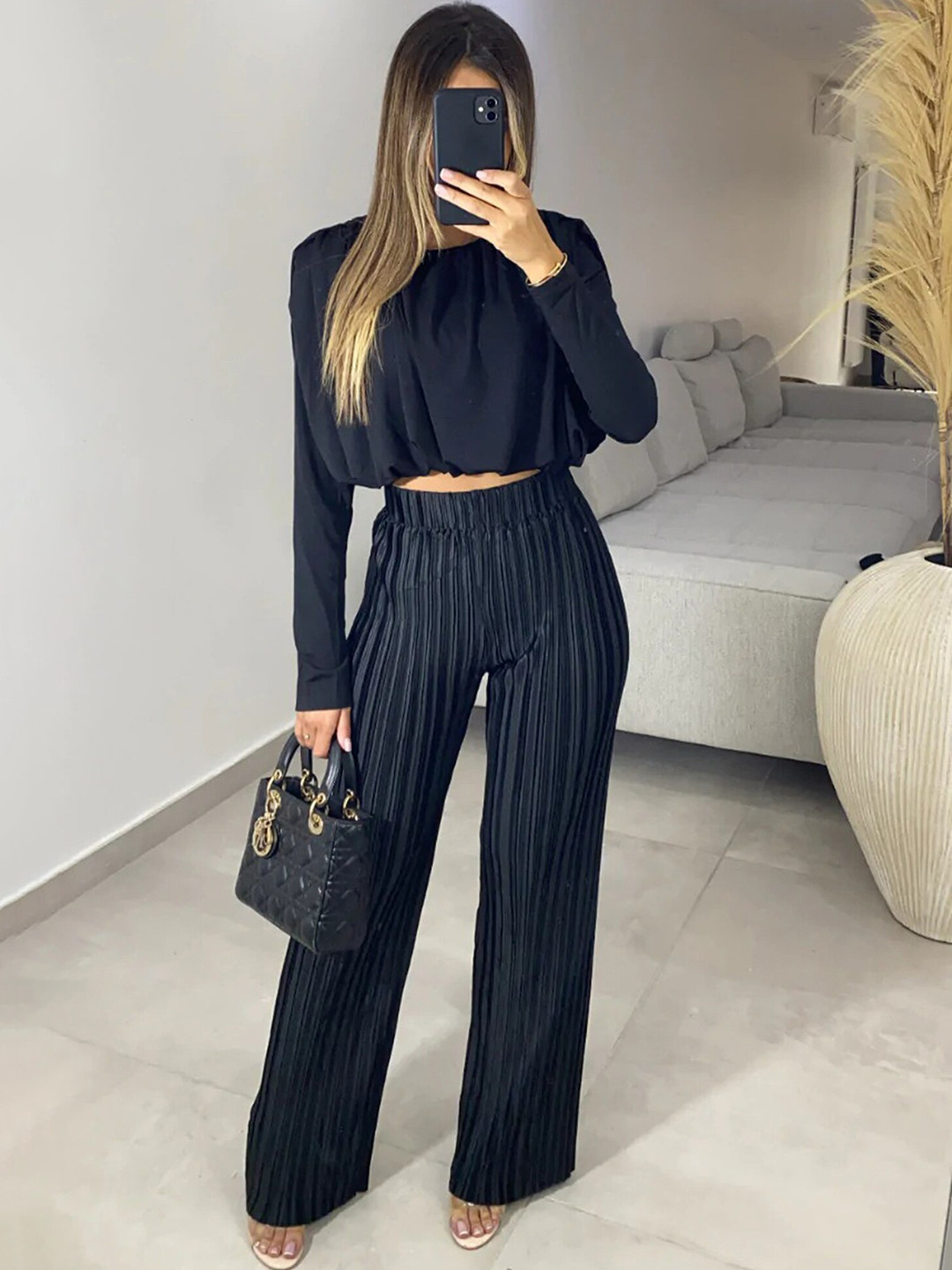 LULU & SKY Long Sleeves Crop Top With Crinkle Pants