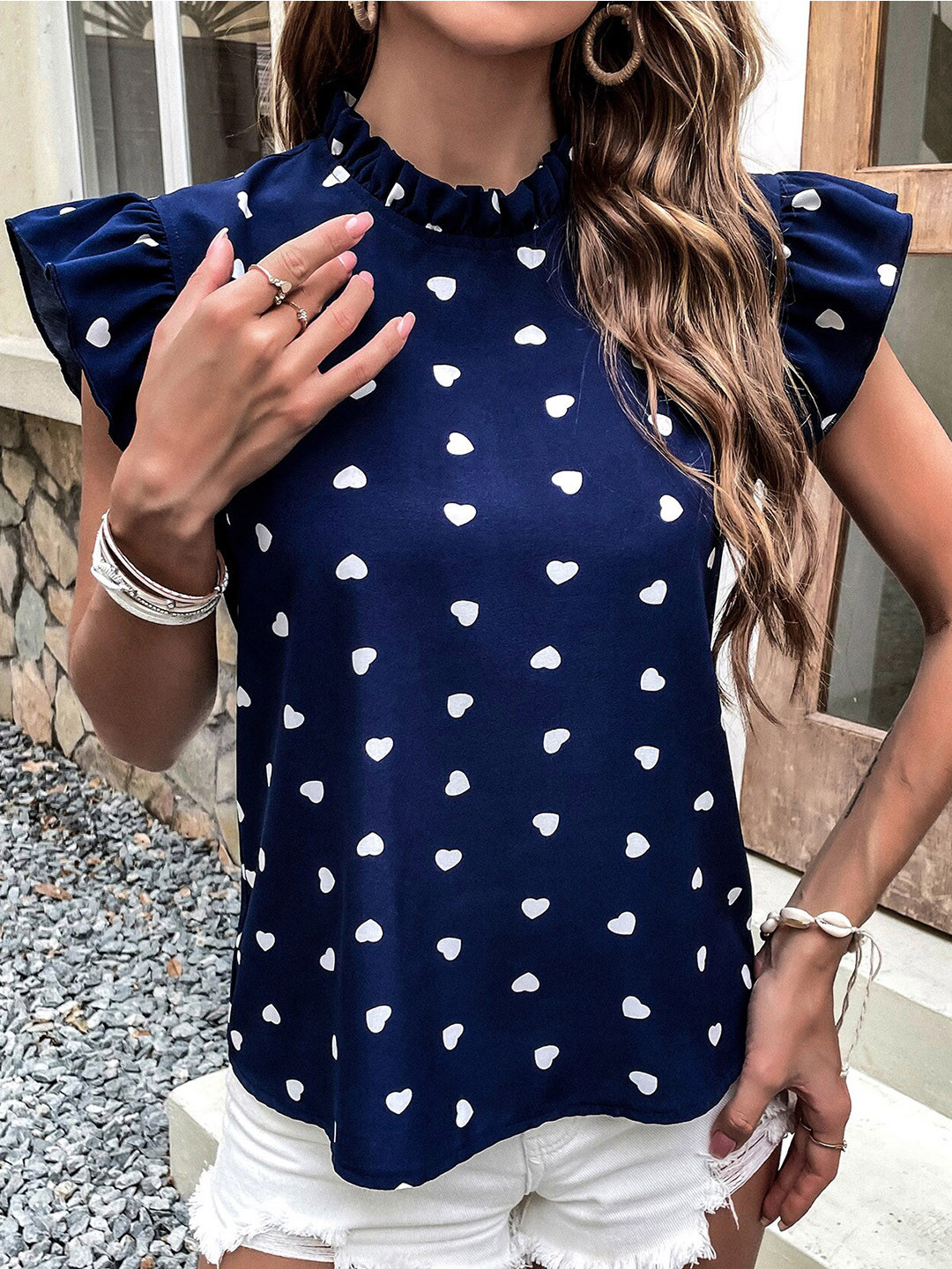 StyleCast Blue Print Ruffles Top