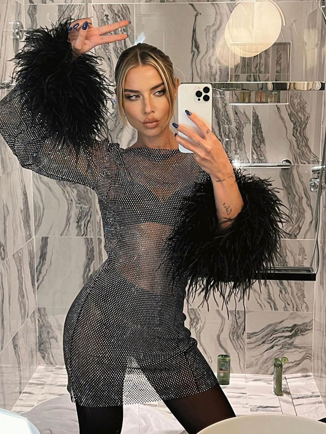 StyleCast Black Self Design Semi Sheer Mini Sheath Party Dress