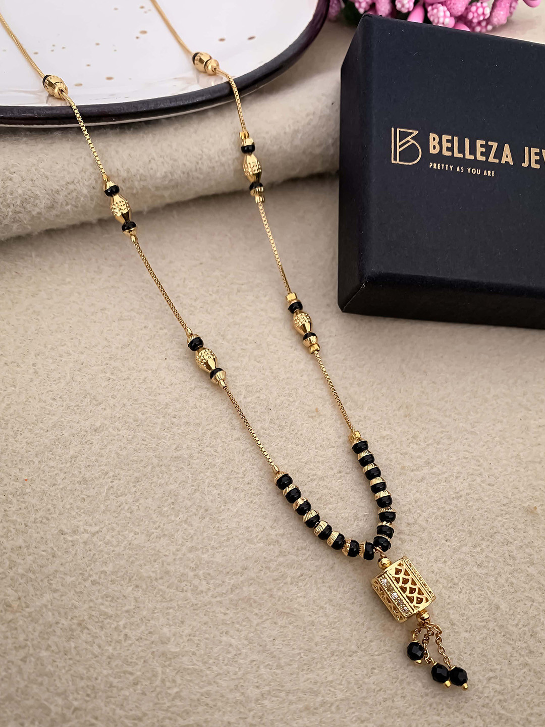 BELLEZA JEWELS Gold-Plated AD Stones Studded & Beaded Mangalsutra