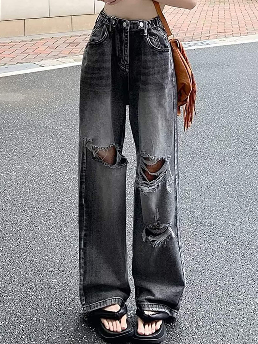 LULU & SKY Women High-Rise Dark Grey Slash Knee Jeans