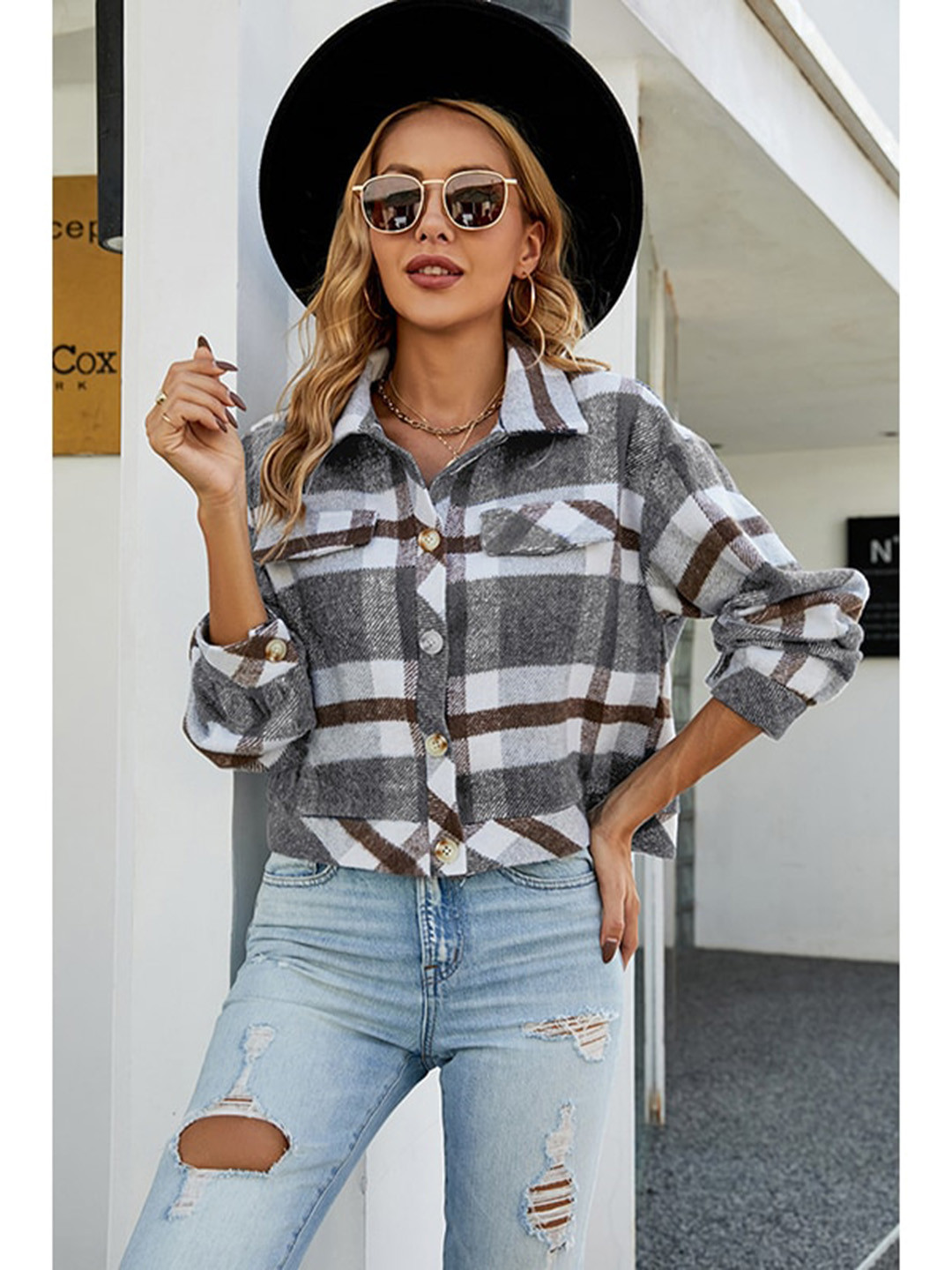 StyleCast Grey Checked Lapel Collar Crop Tailored Jacket