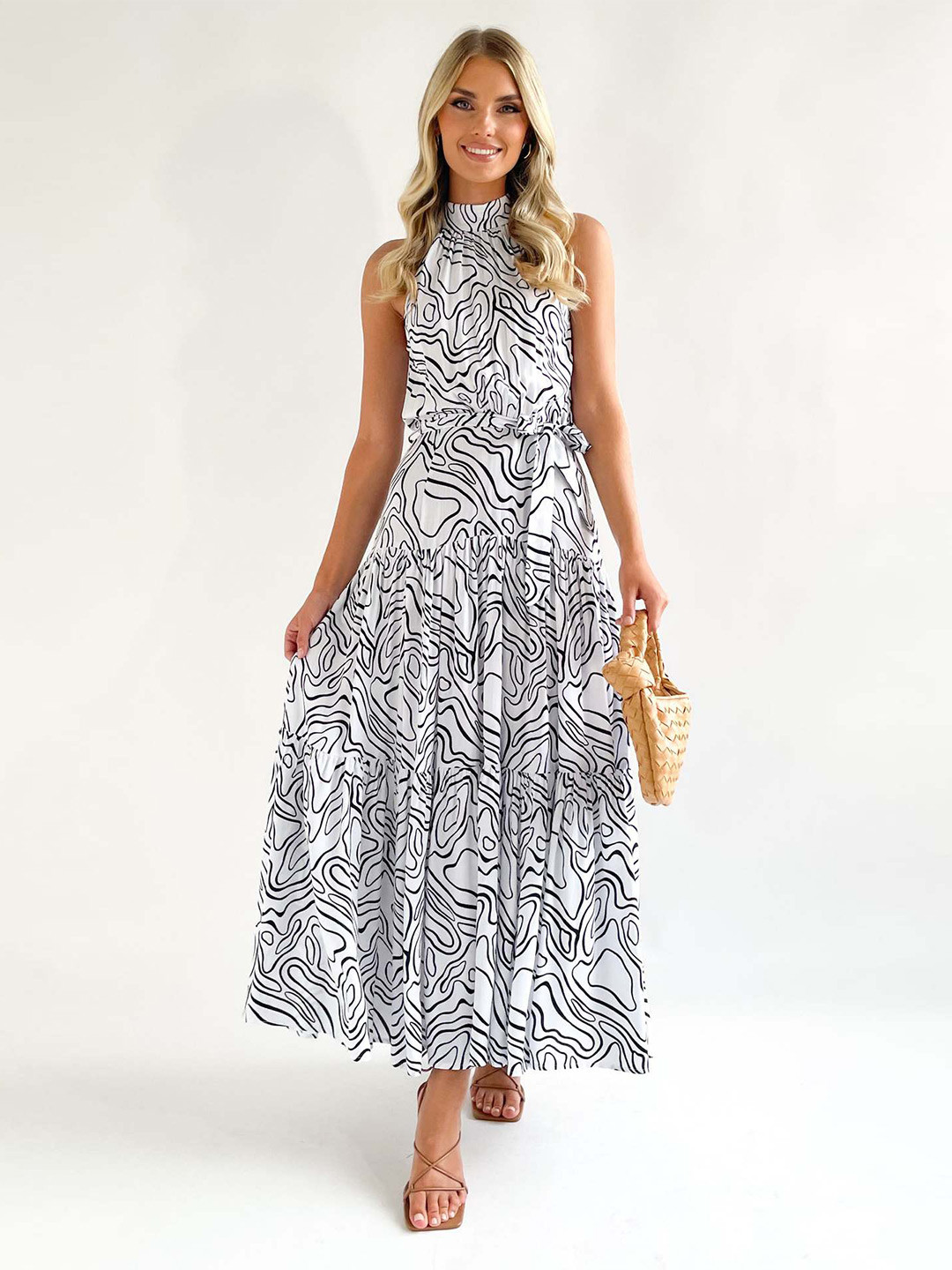StyleCast White & Black Abstract Printed Halter Neck Tiered Maxi Fit & Flare Dress