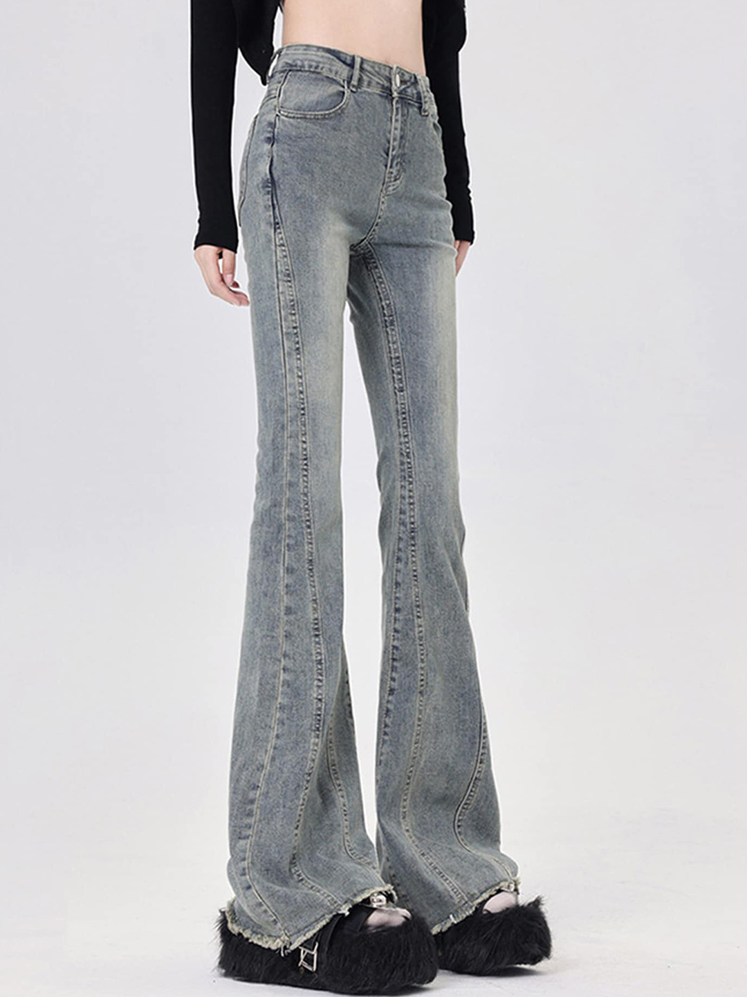 LULU & SKY Women High-Rise Heavy Fade Mildly Distressed Bootcut  Jeans