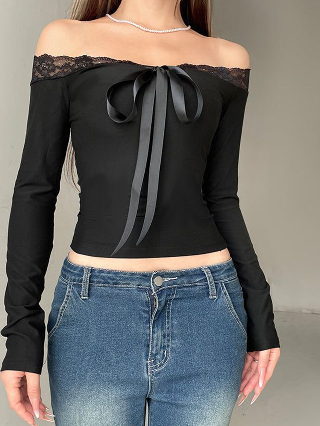 Outzidr Black Lace Insert Bardot Top