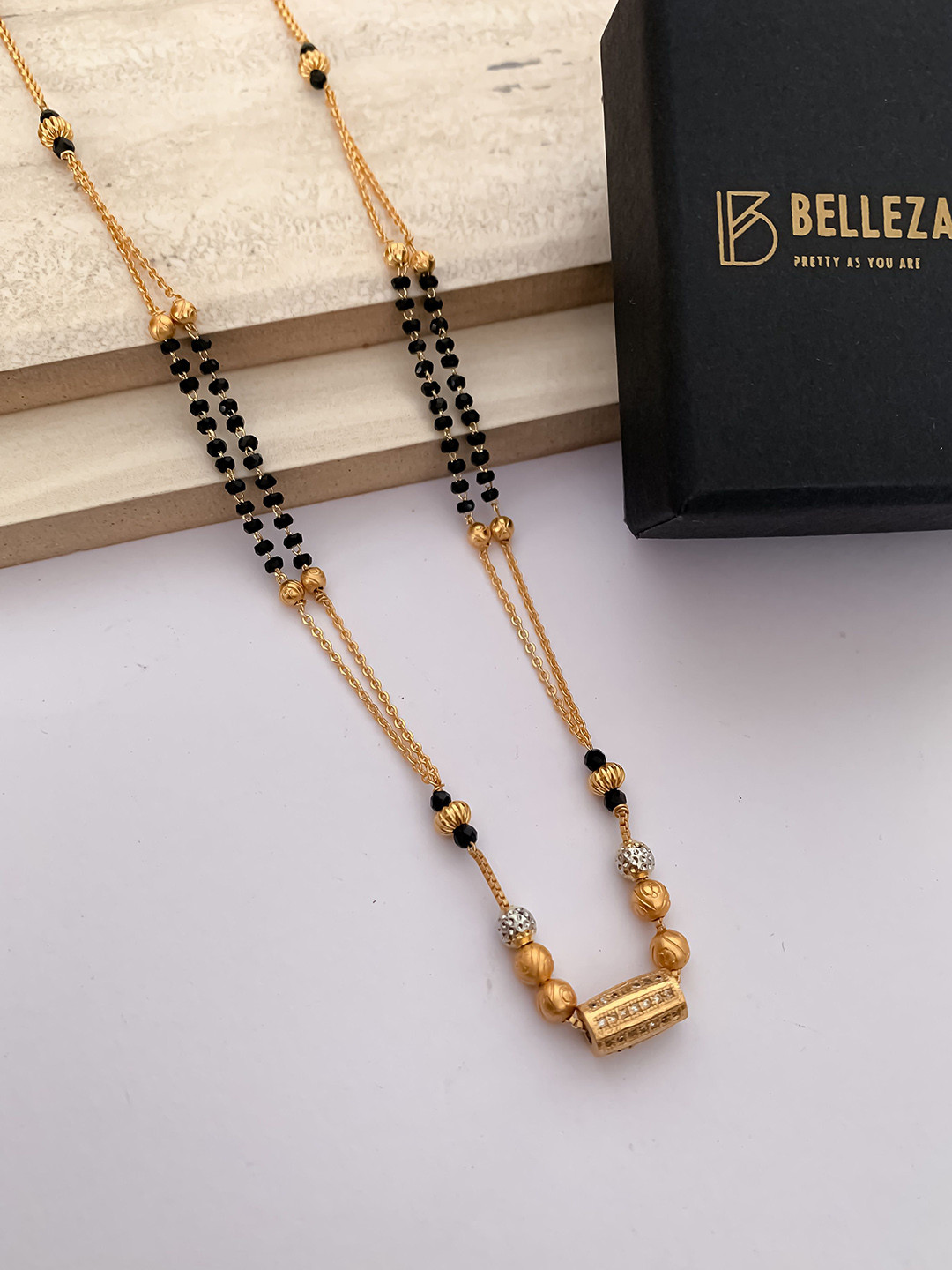 BELLEZA JEWELS Gold-Plated AD Stones Studded & Beaded Mangalsutra