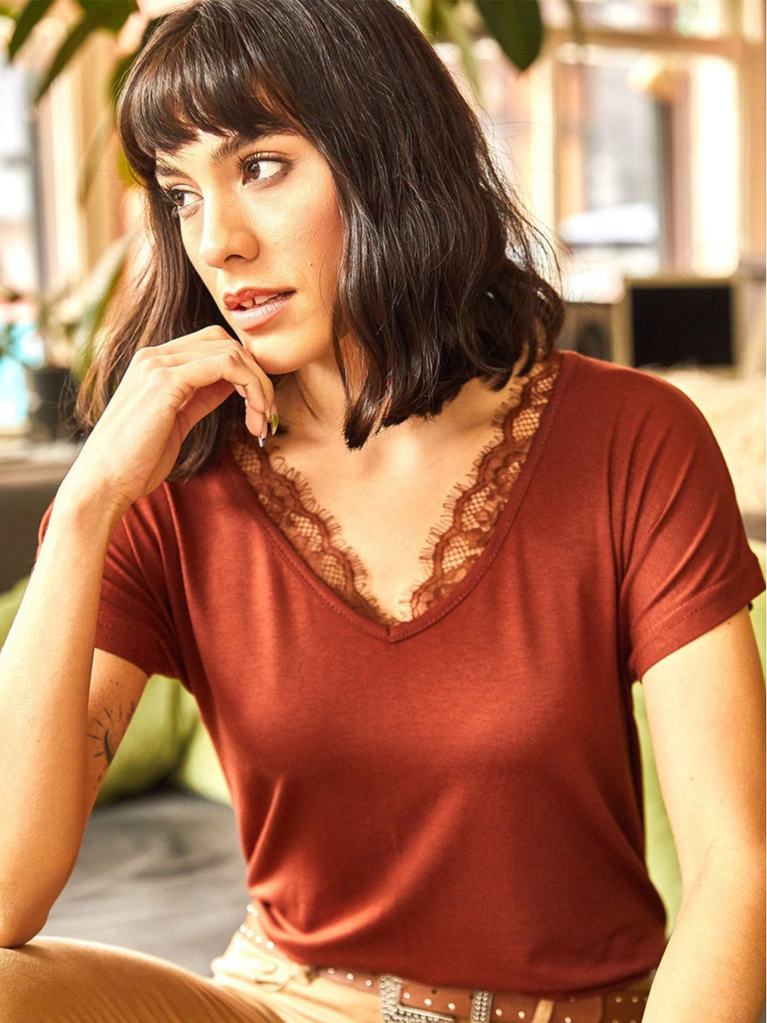 Olalook Women Solid Extended Sleeves Top