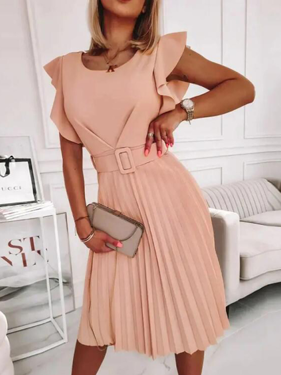 StyleCast Pink Flared Sleeves Accordion Pleats Fit & Flare Dress