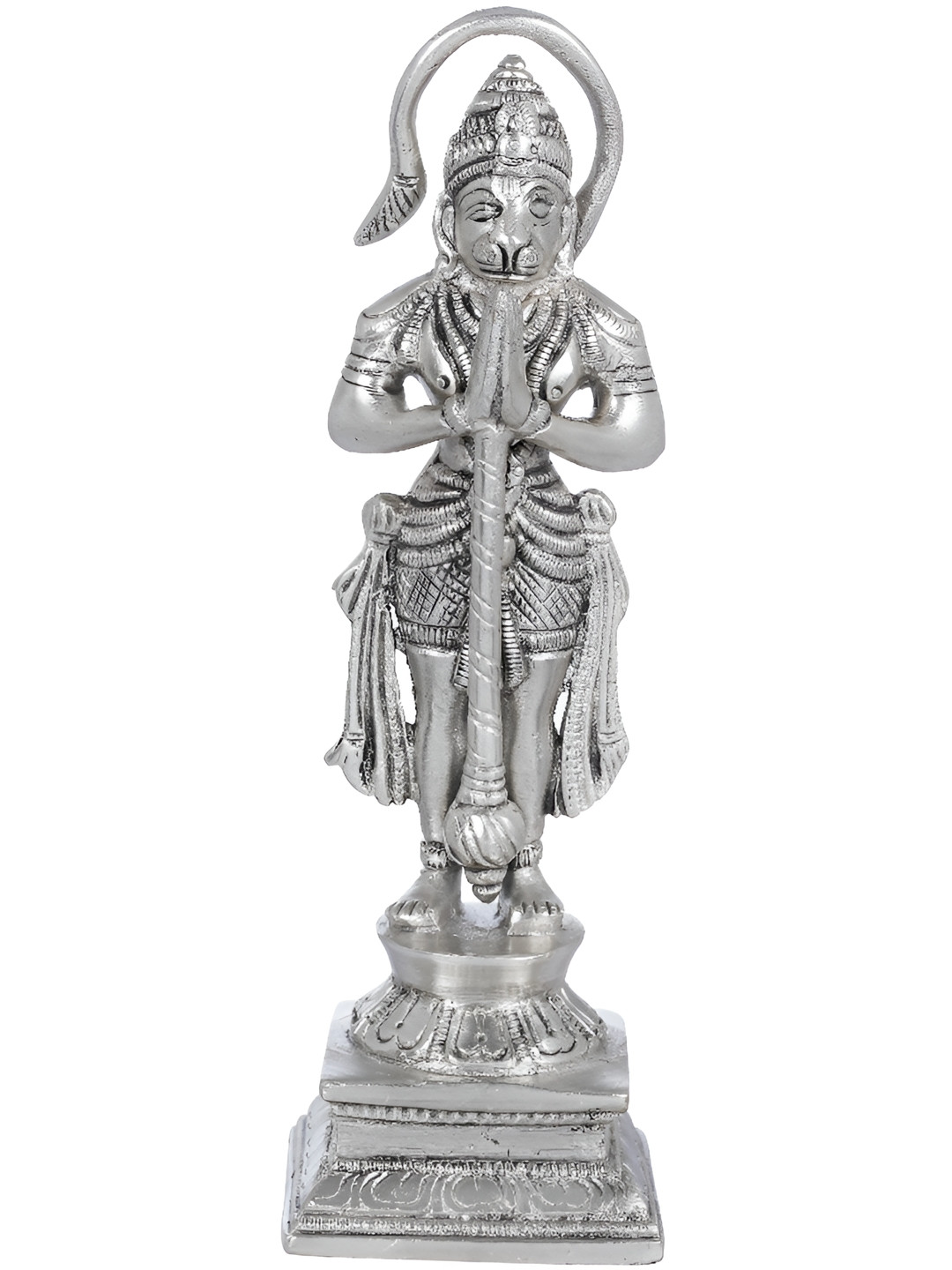 Exotic India Standing Lord Hanuma Silver Brass Metallic Prayer Room Hand Made Medium Showpiece - 2.3 Inches