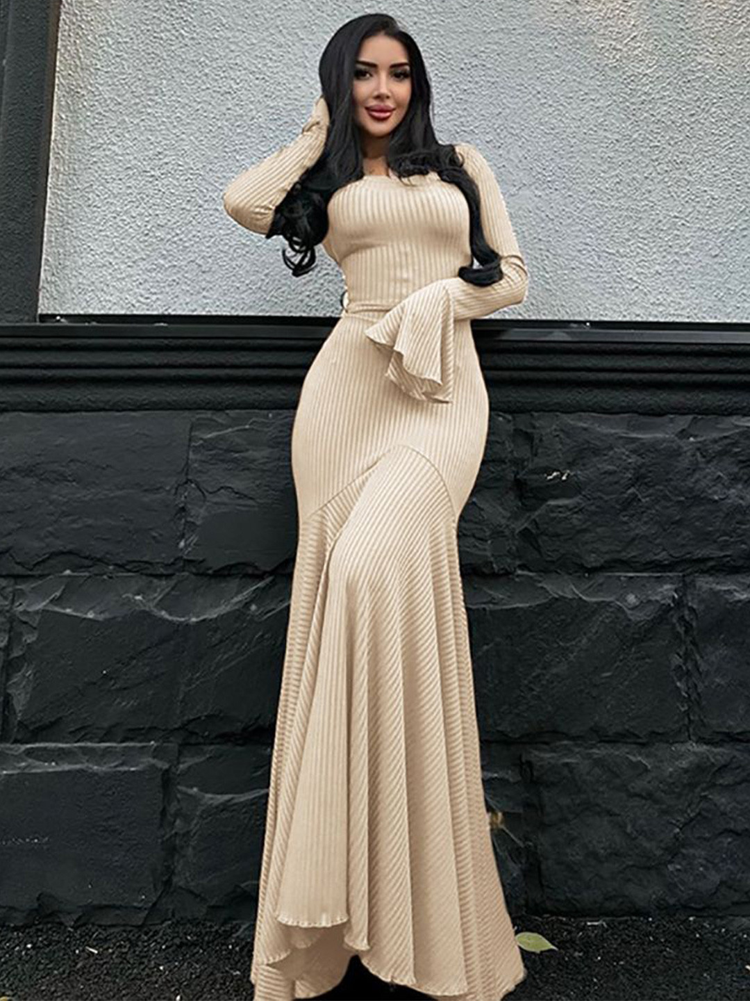 Khaki Solid Maxi Dress with Bell Sleeves