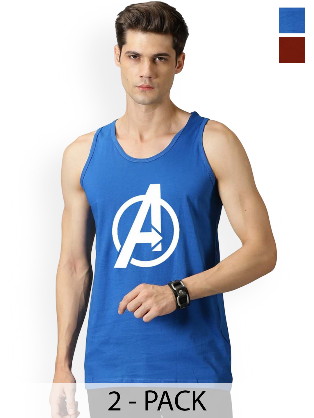 Organic Chics Pack Of 2 Printed Cotton Tank Vests RoyalAvenger-MaroonBatman_S