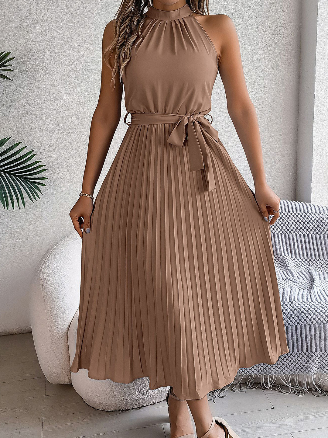 StyleCast x Revolte Striped Chiffon Halter Neck Accordion Pleats Fit and Flare Maxi Dress