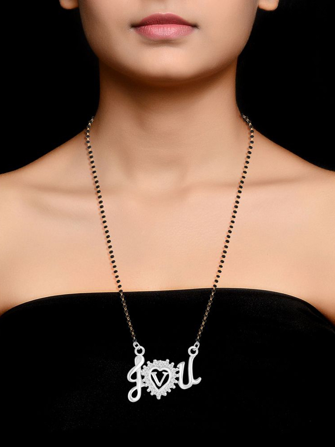 DIVASTRI Silver-Plated V Letter American Diamond Mangalsutra