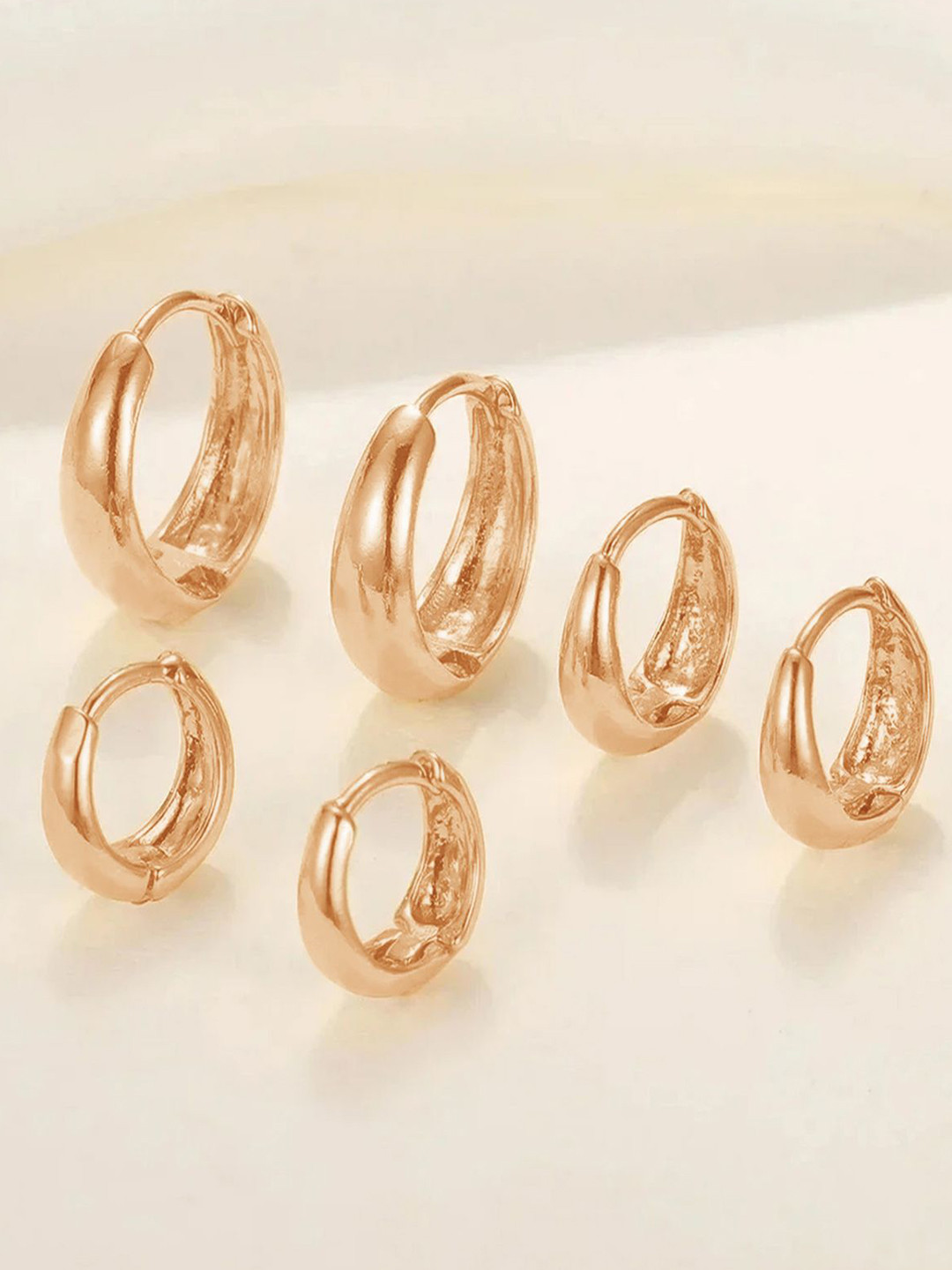 VAMA Women Set Of 3 18K Rose Gold Plated Piercing Kaju Kan ki Huggie Hoop Bali Earrings