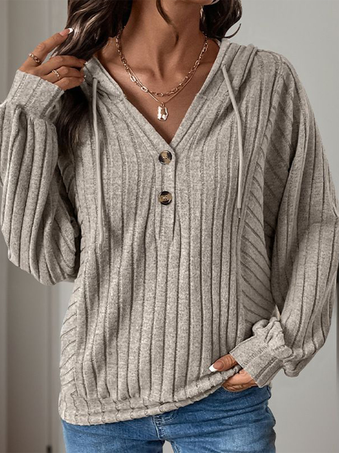 StyleCast Women Striped V-neck Hooded Long Sleeves Pullover Sweatshirt