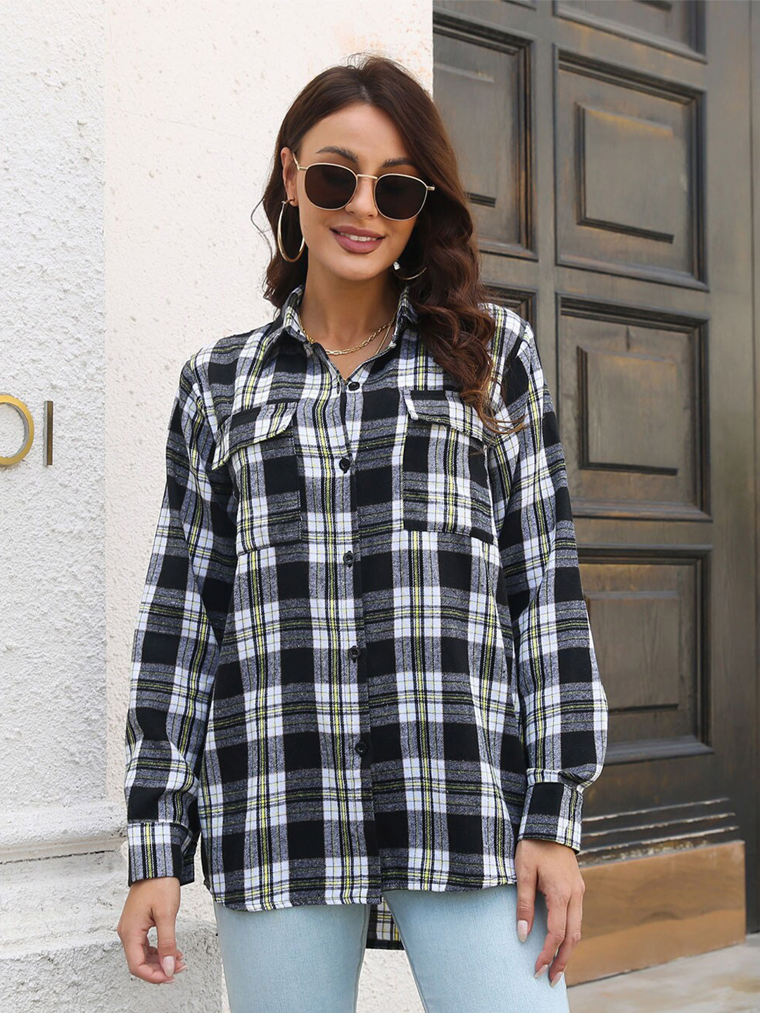 StyleCast Women Black & White Others Checked Casual Shirt
