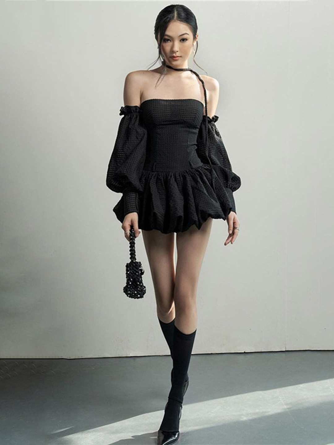 LULU & SKY Cold-Shoulder Detachable Sleeves Drop-Waist Mini Dress