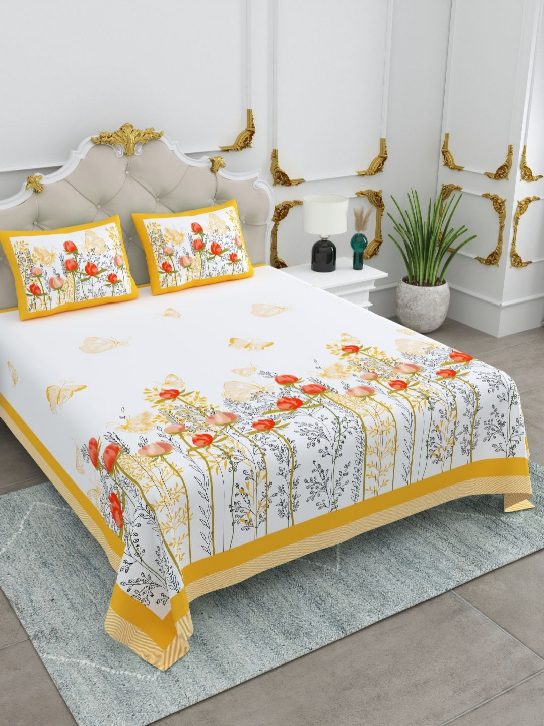 JAIPUR FABRIC Viola Yellow Floral Cotton 260 TC King Fine Bedsheet with 2 Pillow Covers-108 x 108 inches
