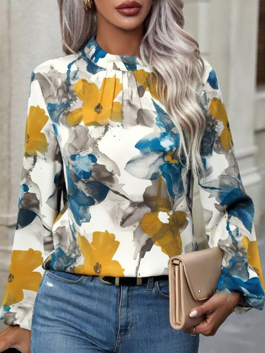 StyleCast Abstract Printed Pleated Button closure Top