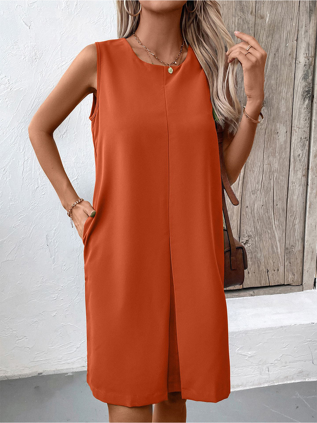 Orange Solid Sleeveless Knee Length A-Line Dress