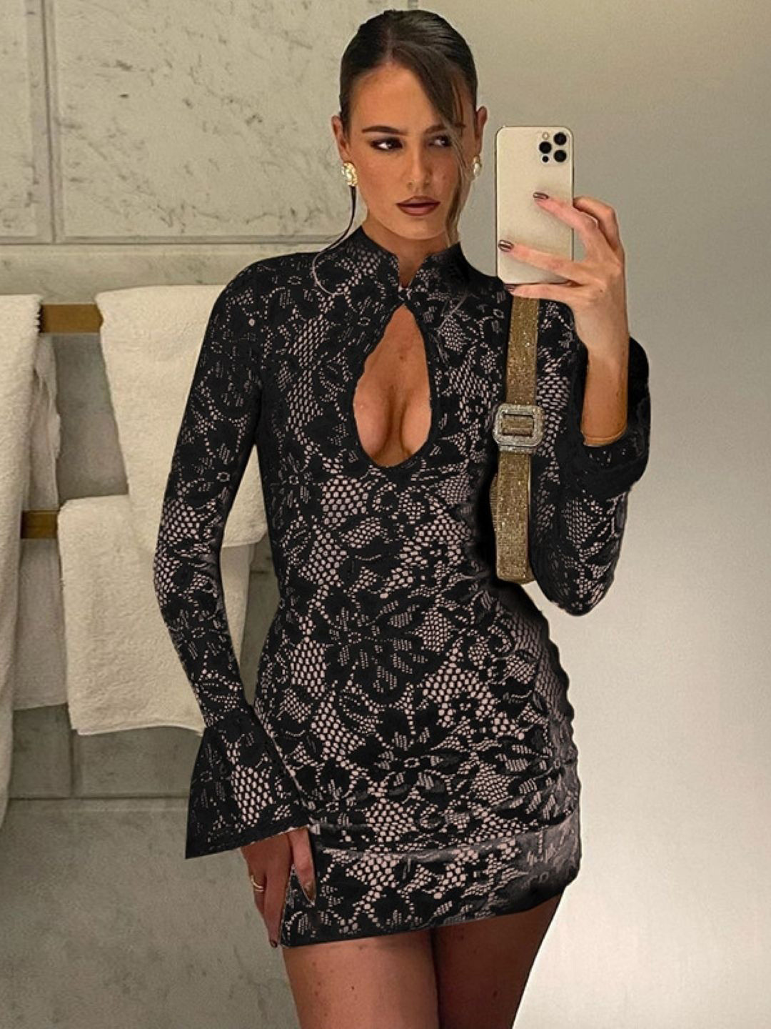 Women's Black Floral Lace Mini Bodycon Dress