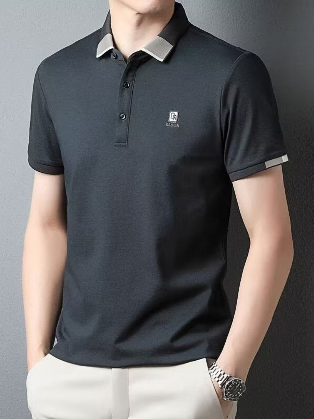 StyleCast Men Solid Polo Collar Silk T-shirt
