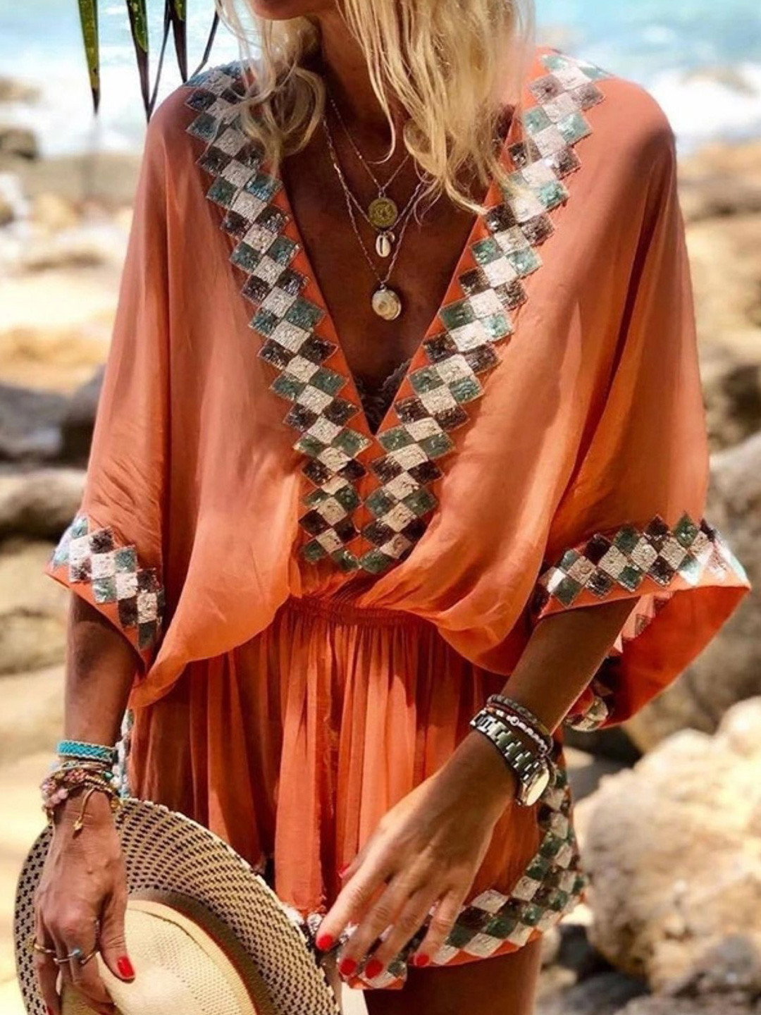 Orange V-Neck Mini Dress with Geometric Trim