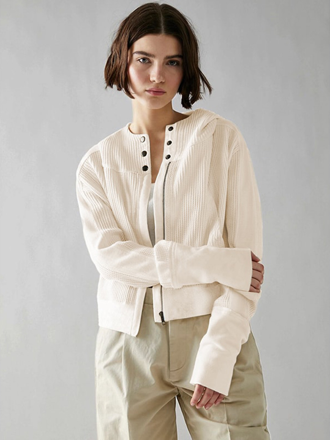 StyleCast Beige Collarless Bomber Jacket