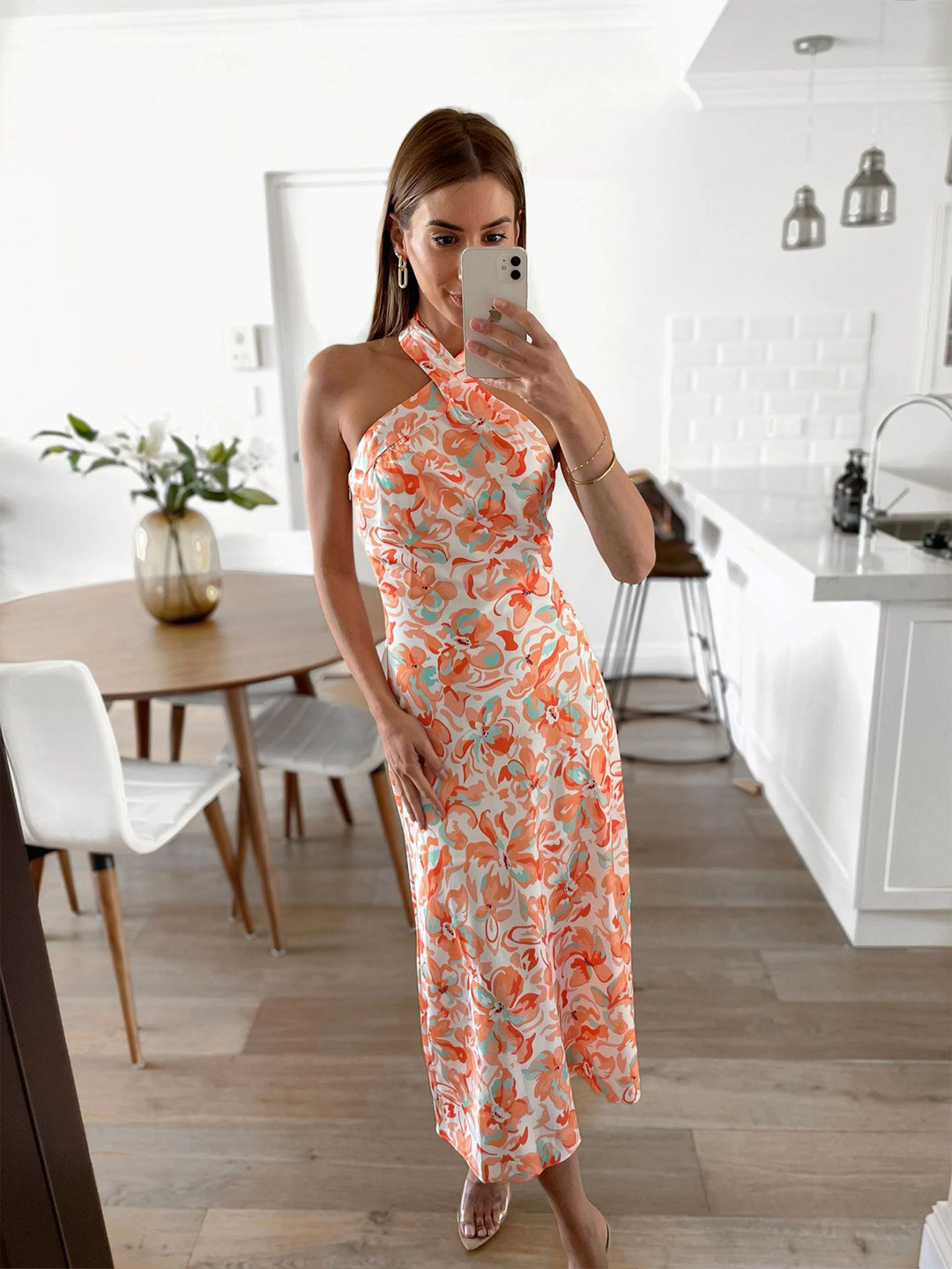StyleCast Orange Floral Printed Halter Neck A-Line Dress