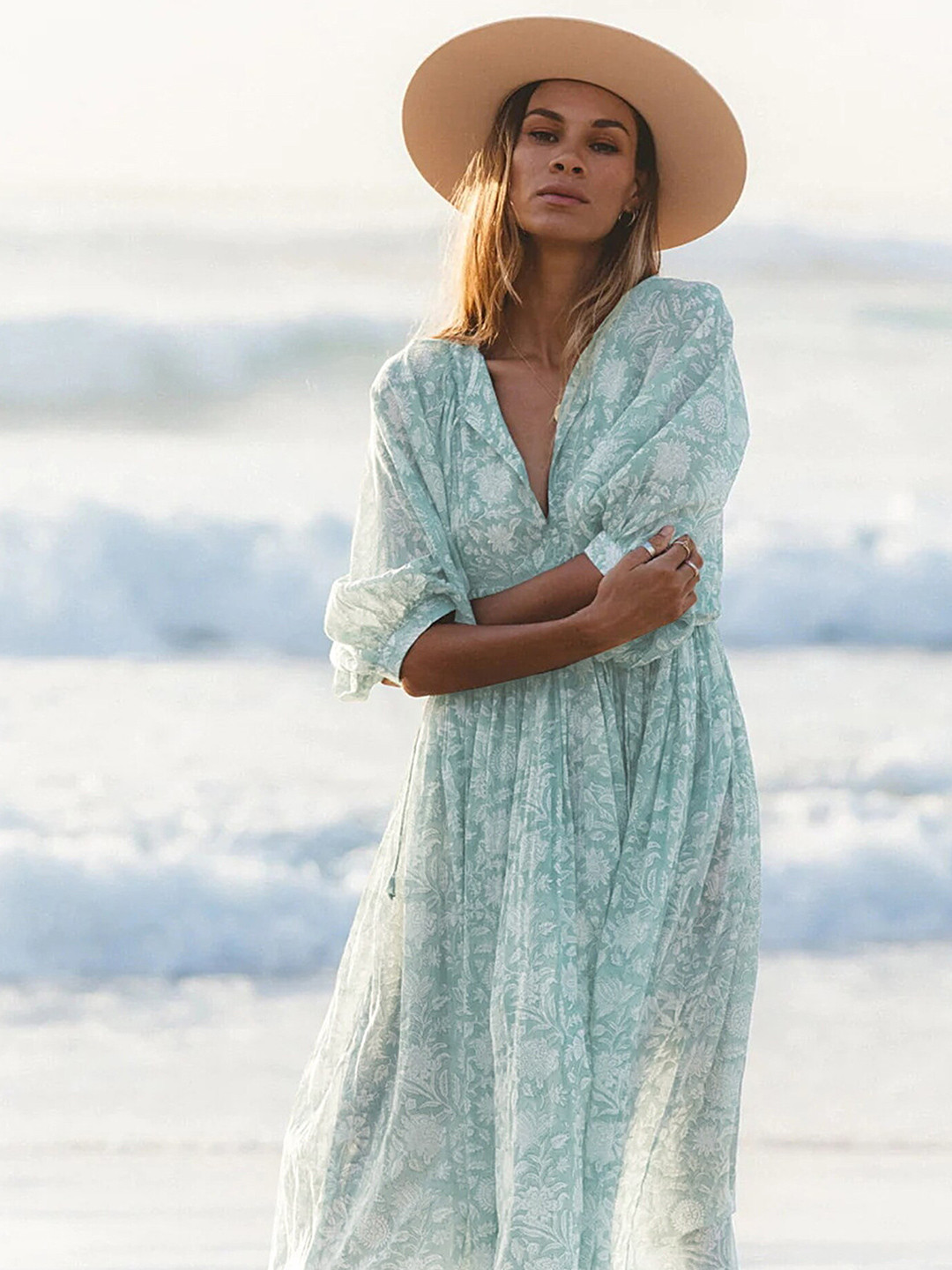LULU & SKY Floral Neck Tie Up Neck Three-Quarter Puff Sleeves Fit and Flare Dress