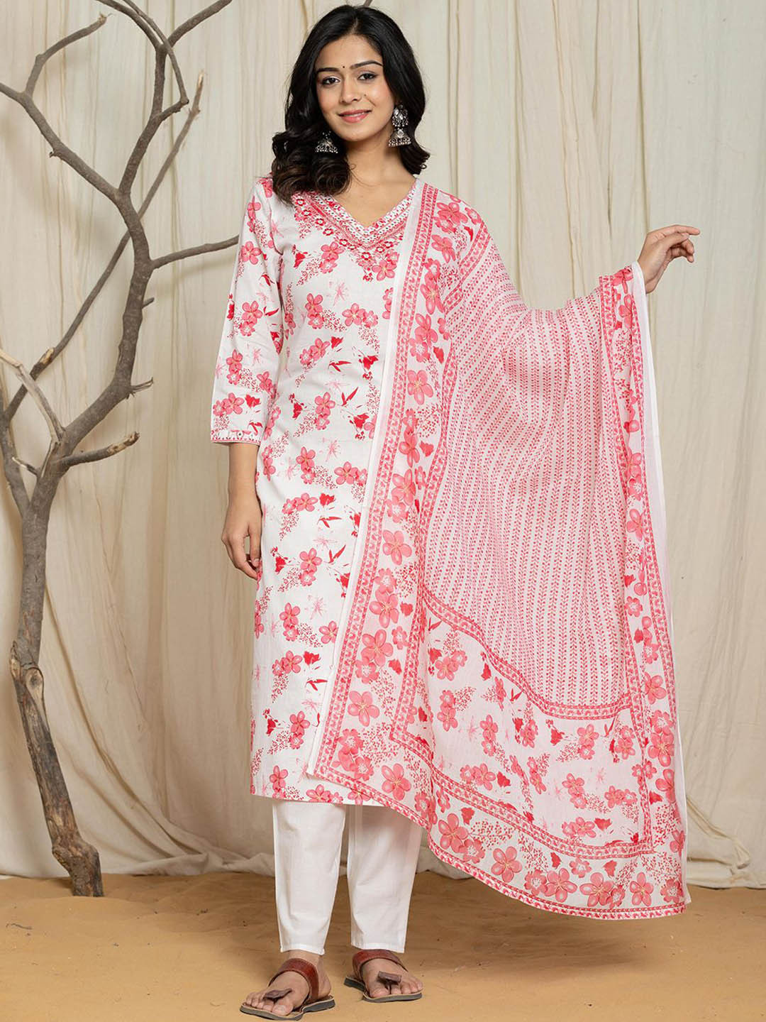 V.S.Creation Women Floral Printed Mirror Work Pure Cotton Kurta with Trousers & Dupatta