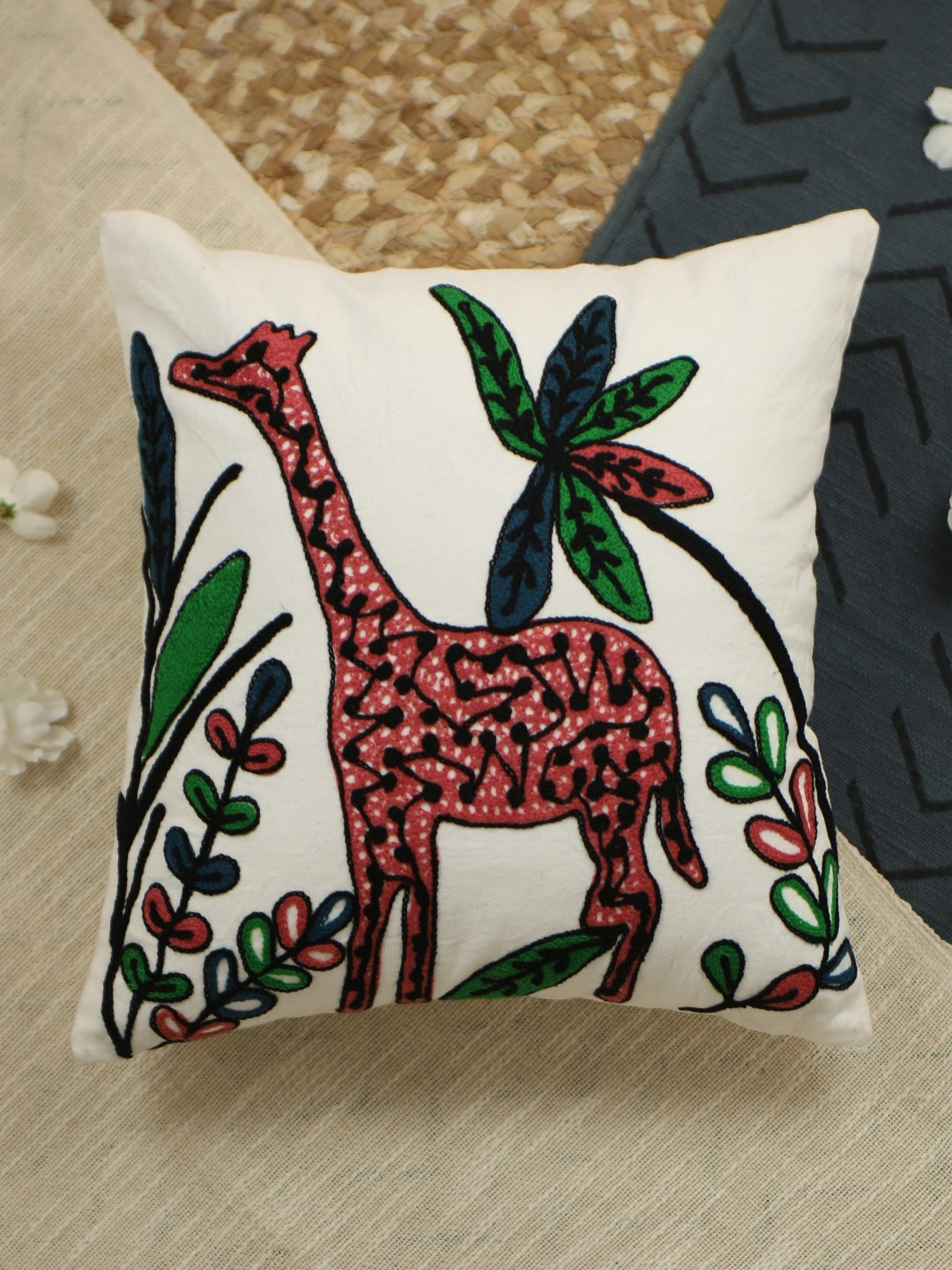 Trade Star White ANd Pink Embroidered Square Pure Cotton Pillow Cover