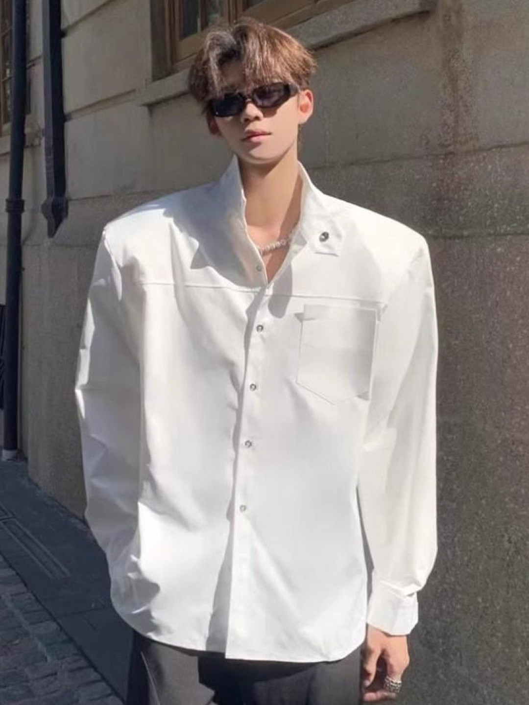 KPOP Men Original Fit Solid Button-Down Collar Casual Shirt