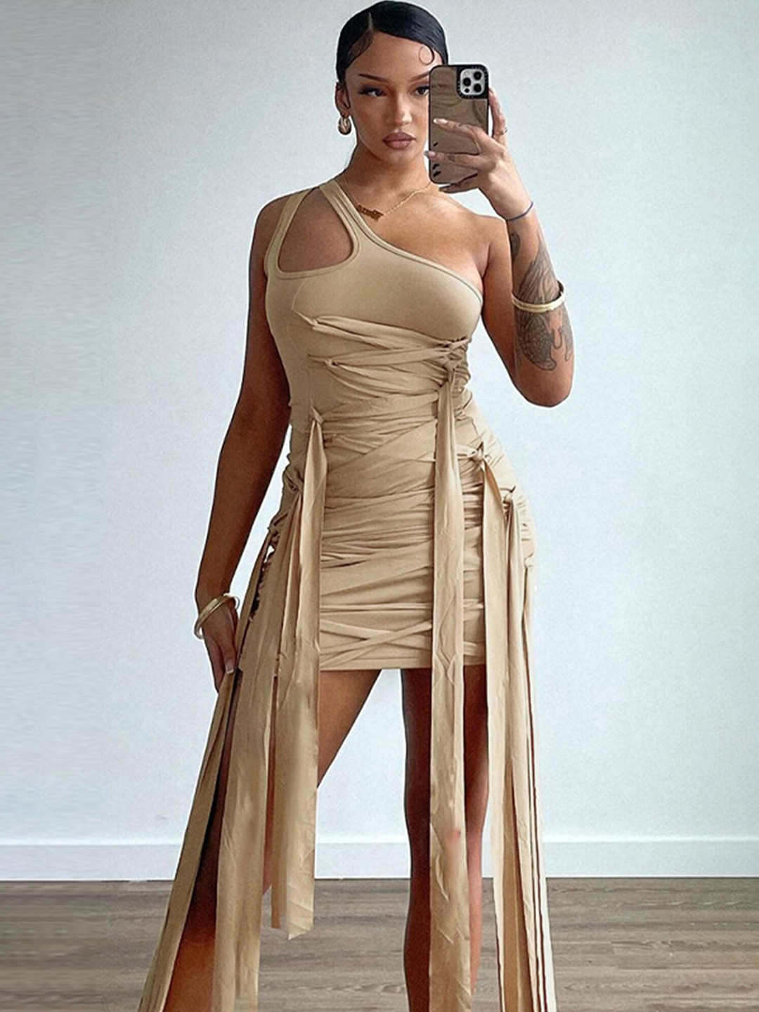 LULU & SKY One Shoulder Cut Out & Tie Up Bodycon Dress