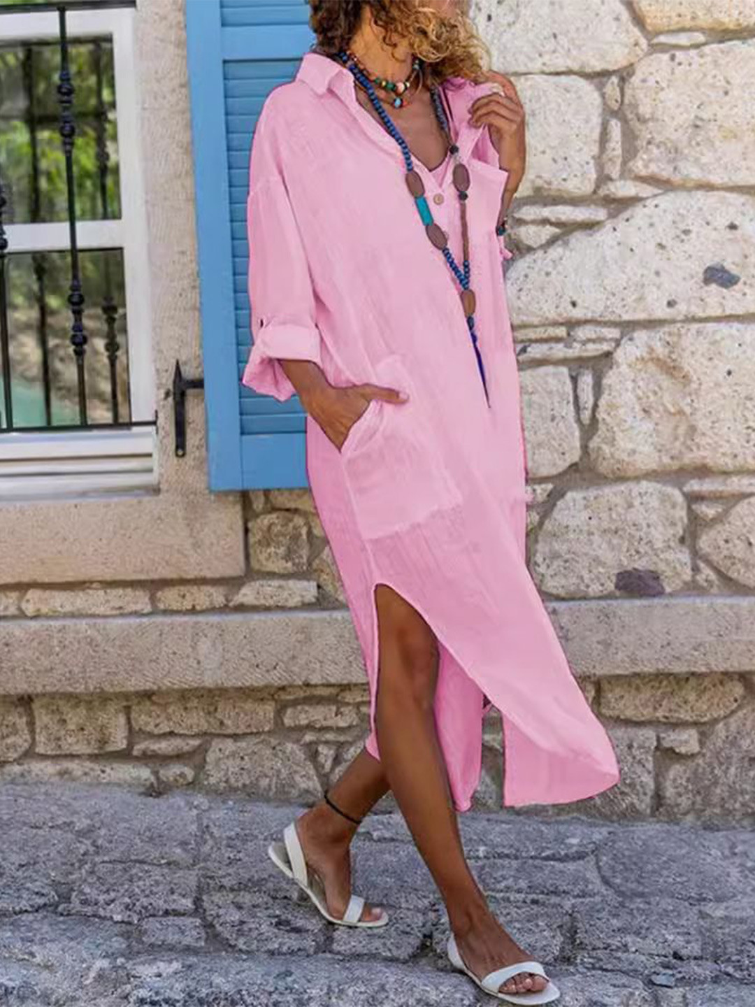 all about you Women Roll-Up Sleeves Slits Details Cotton Shirt Midi Dress