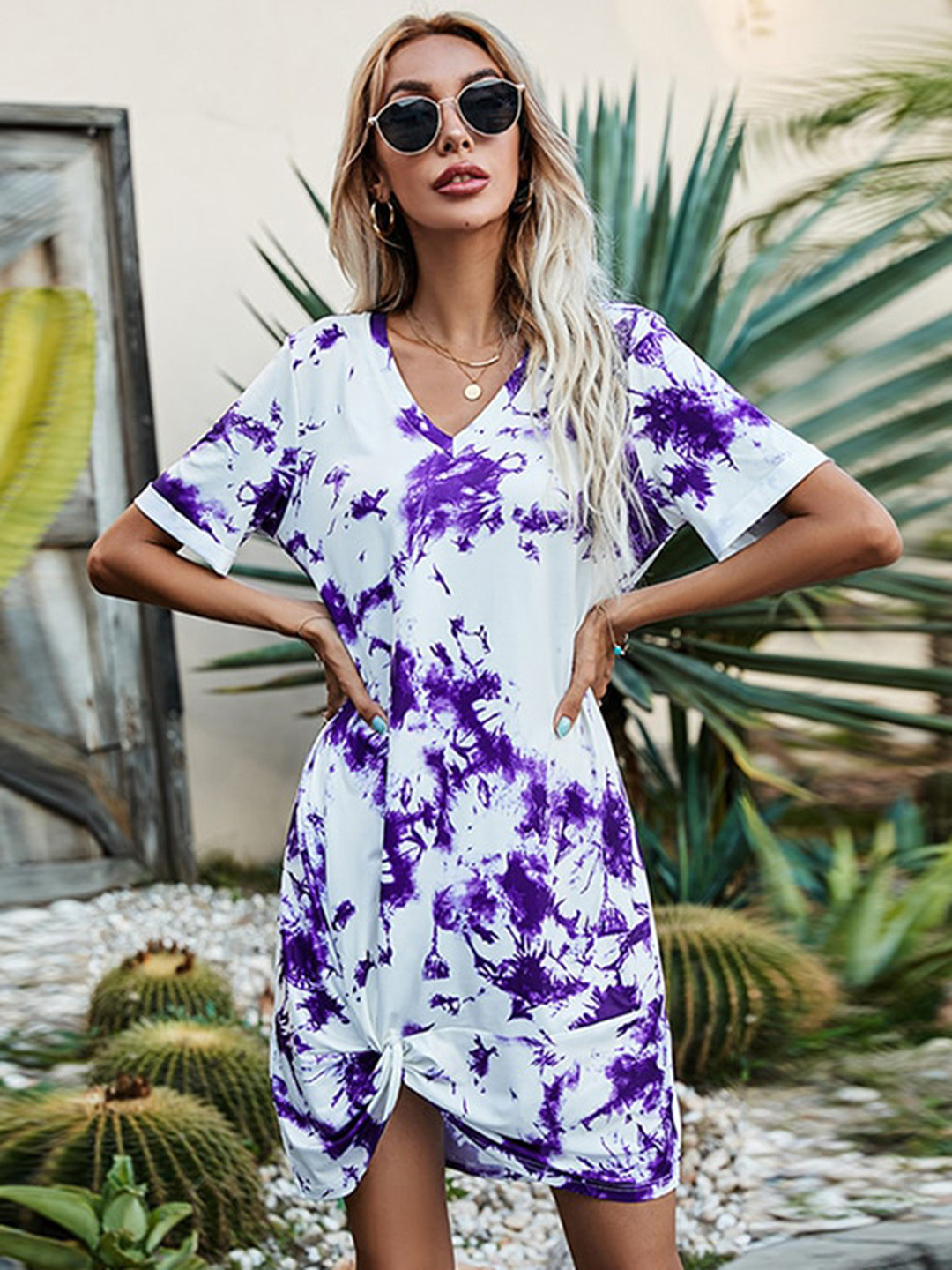 StyleCast x Revolte Women V-Neck Tie and Dye Printed A-Line Dress