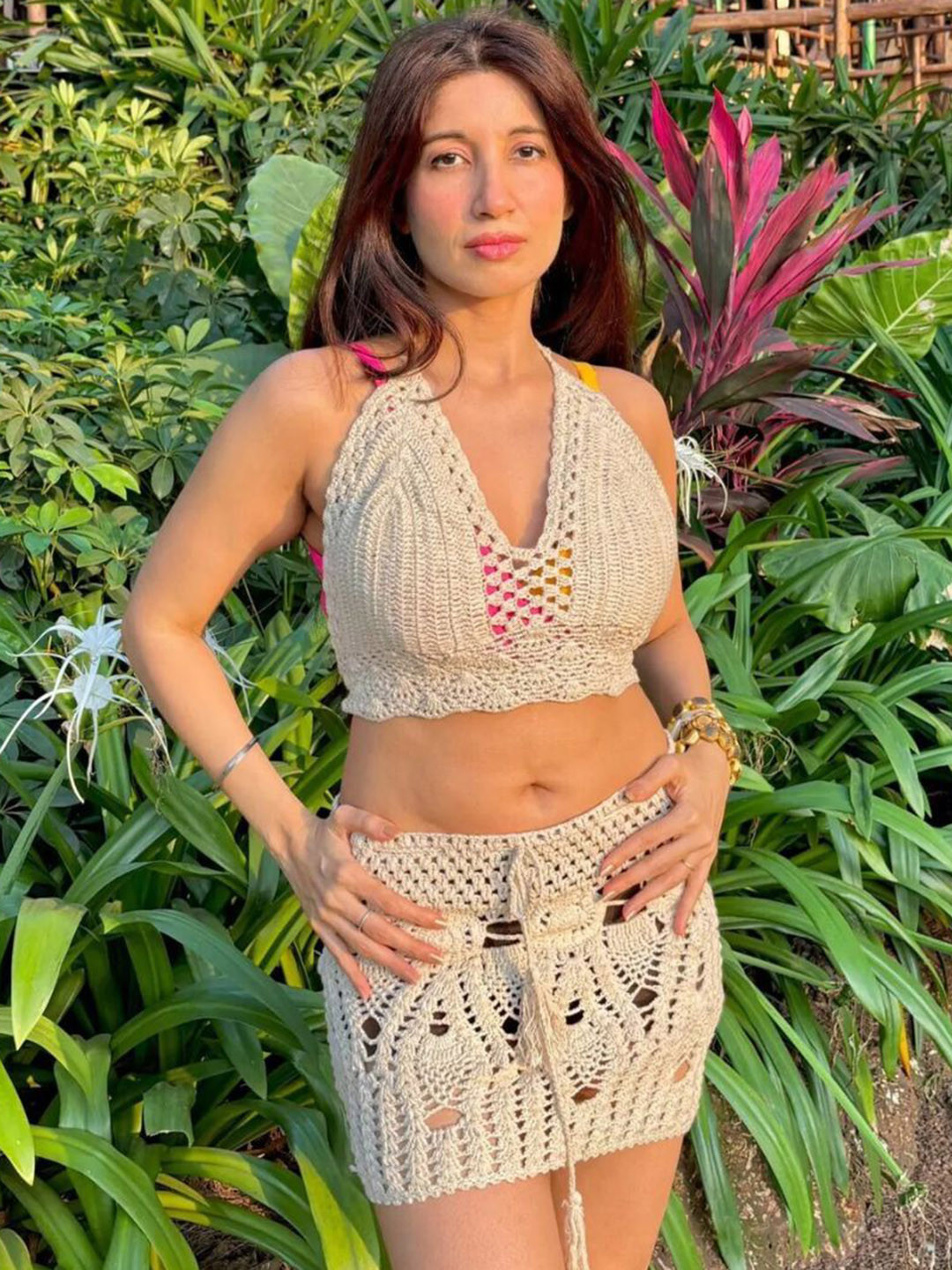 ANGEL CROSHET Self-Design Halter Neck Crop Top With Skirt Swim Cover Up Set