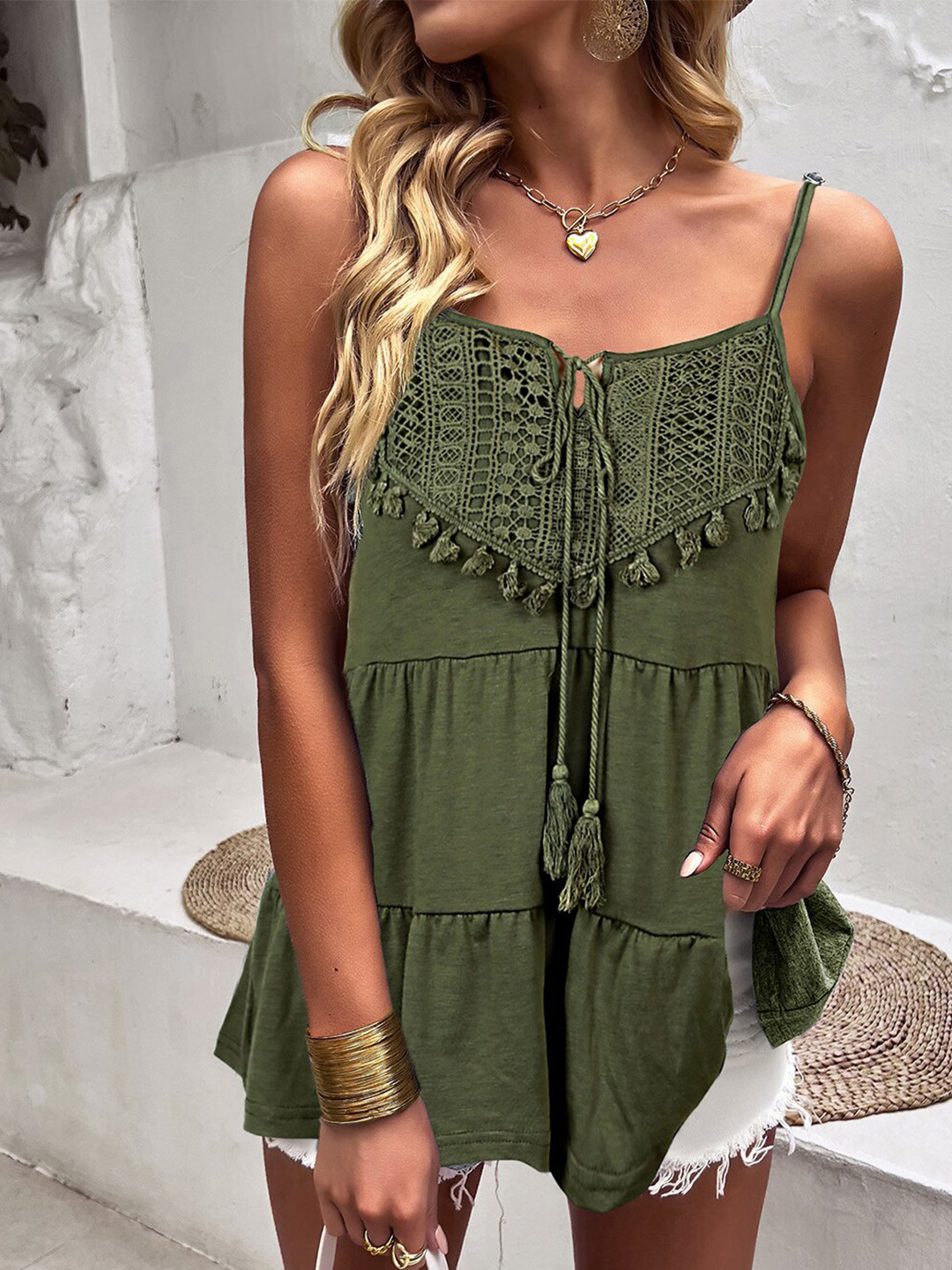 StyleCast Green Sleeveless A-Line Top with Tie-up Neck