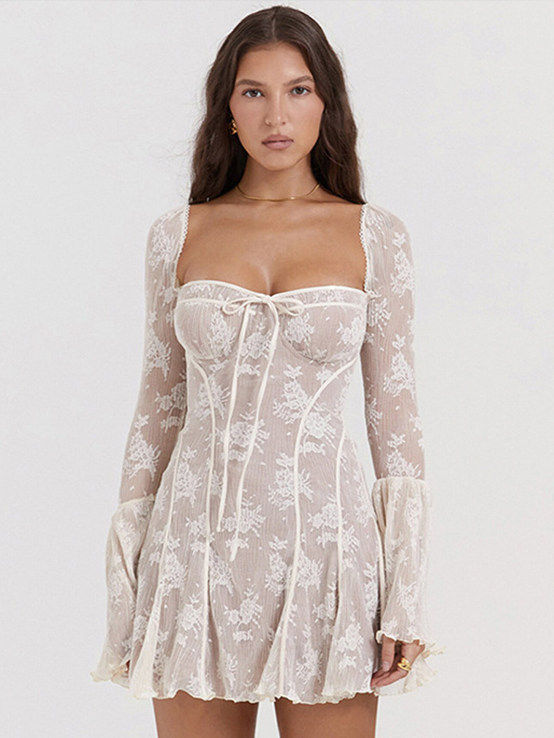 LULU & SKY Floral Self Design Square Neck Flared Sleeves Fit & Flare Mini Dress