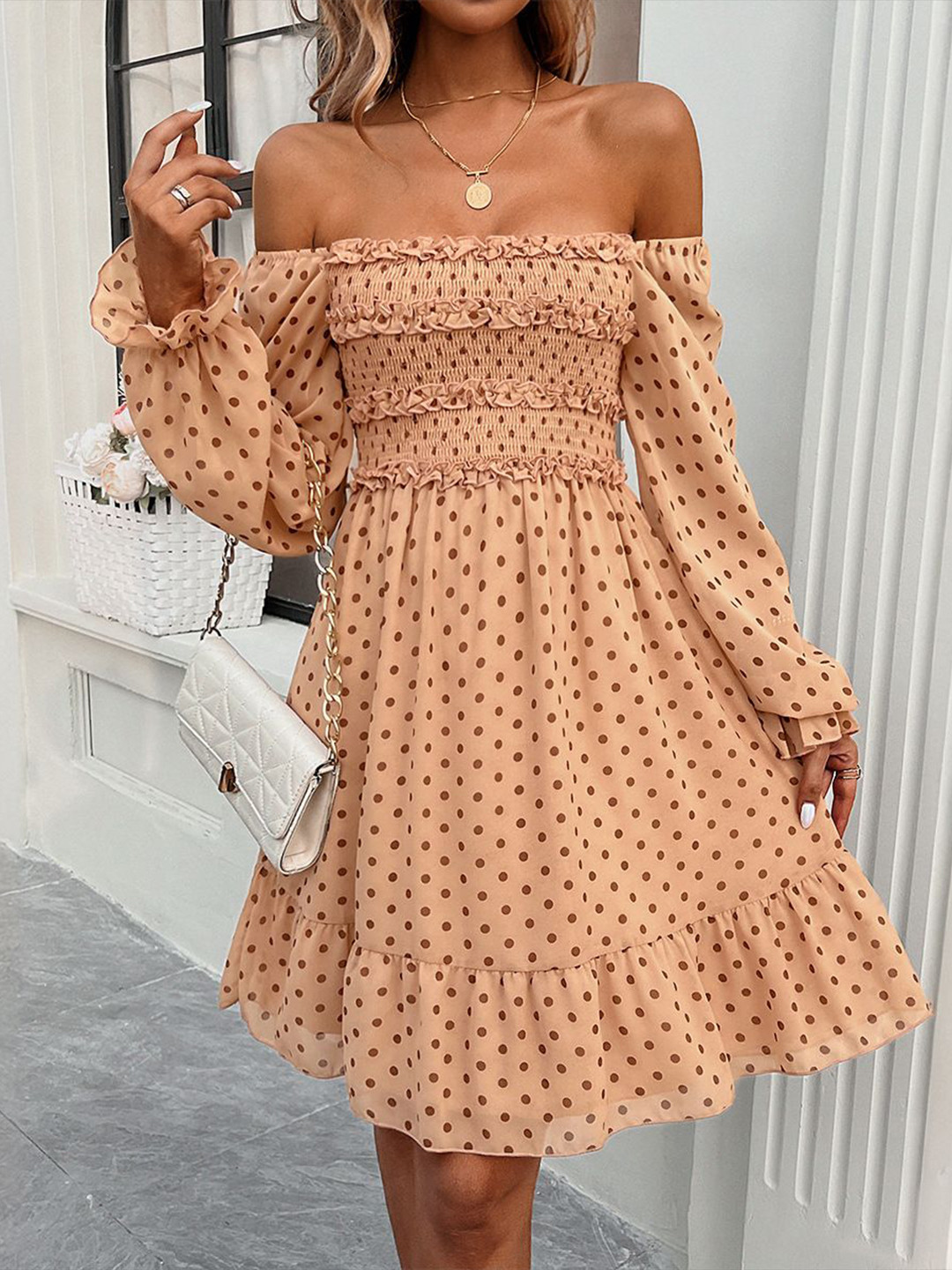 StyleCast Women Beige Polka Dot Off Shoulder Fit & Flare Dress